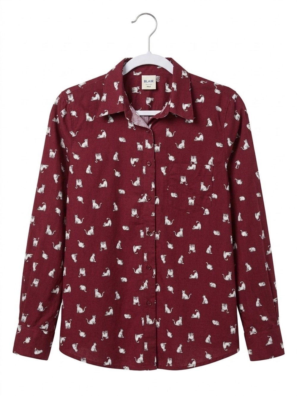 Blair Women's Burgundy Button-Down Shirt with White Cat Print